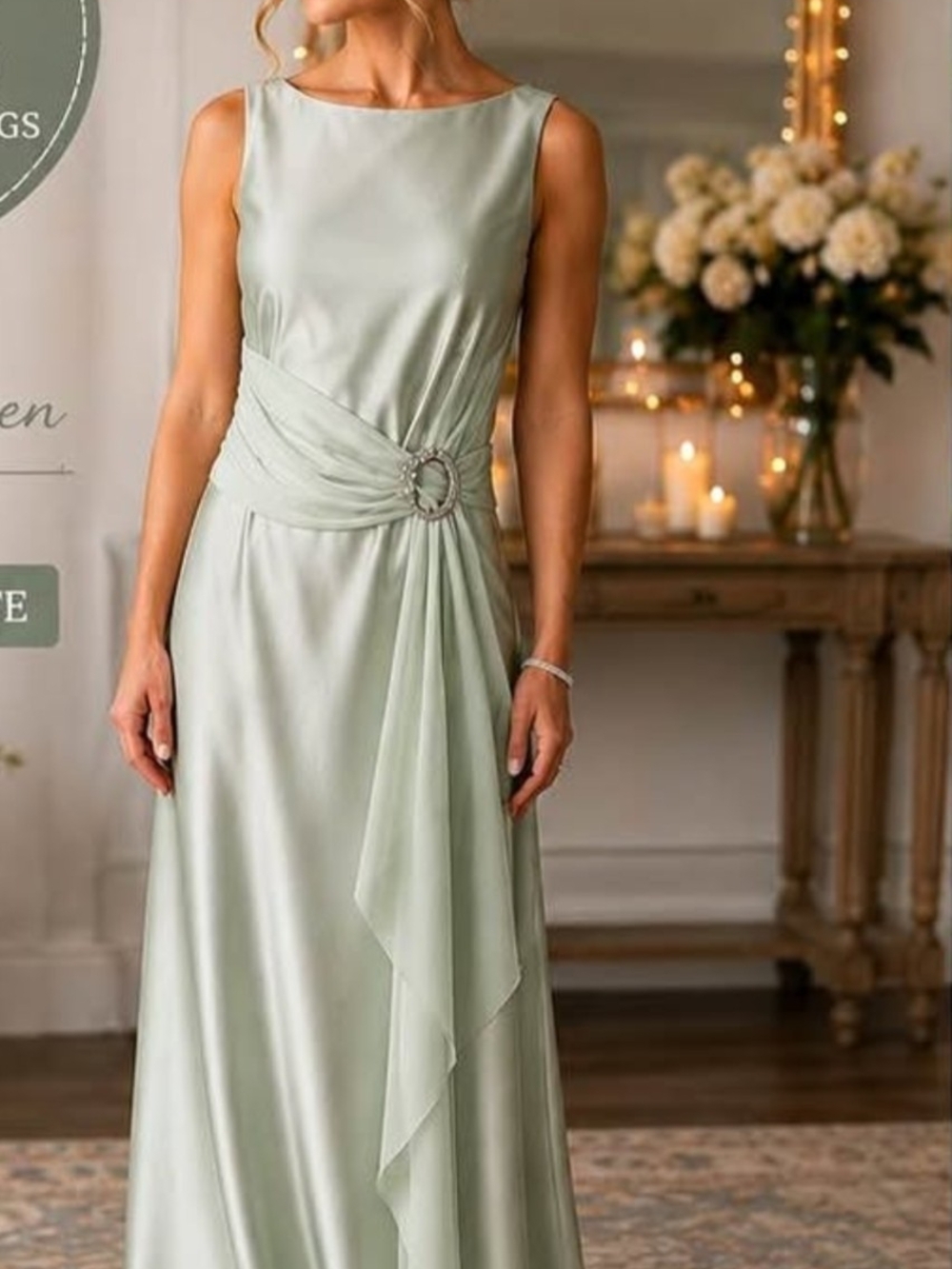 Elegant Sage Green Sleeveless Evening Dress with Draped Waist